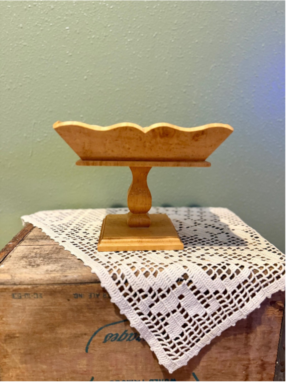 Hand Turned Wooden Pedestal Compote Bowl | Scalloped Edge Pedestal Display Stand